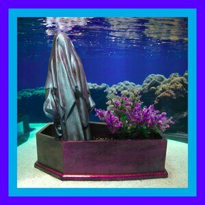 Aquarium Decoration  Creepy Phantom Coffin with Colorful Plant.